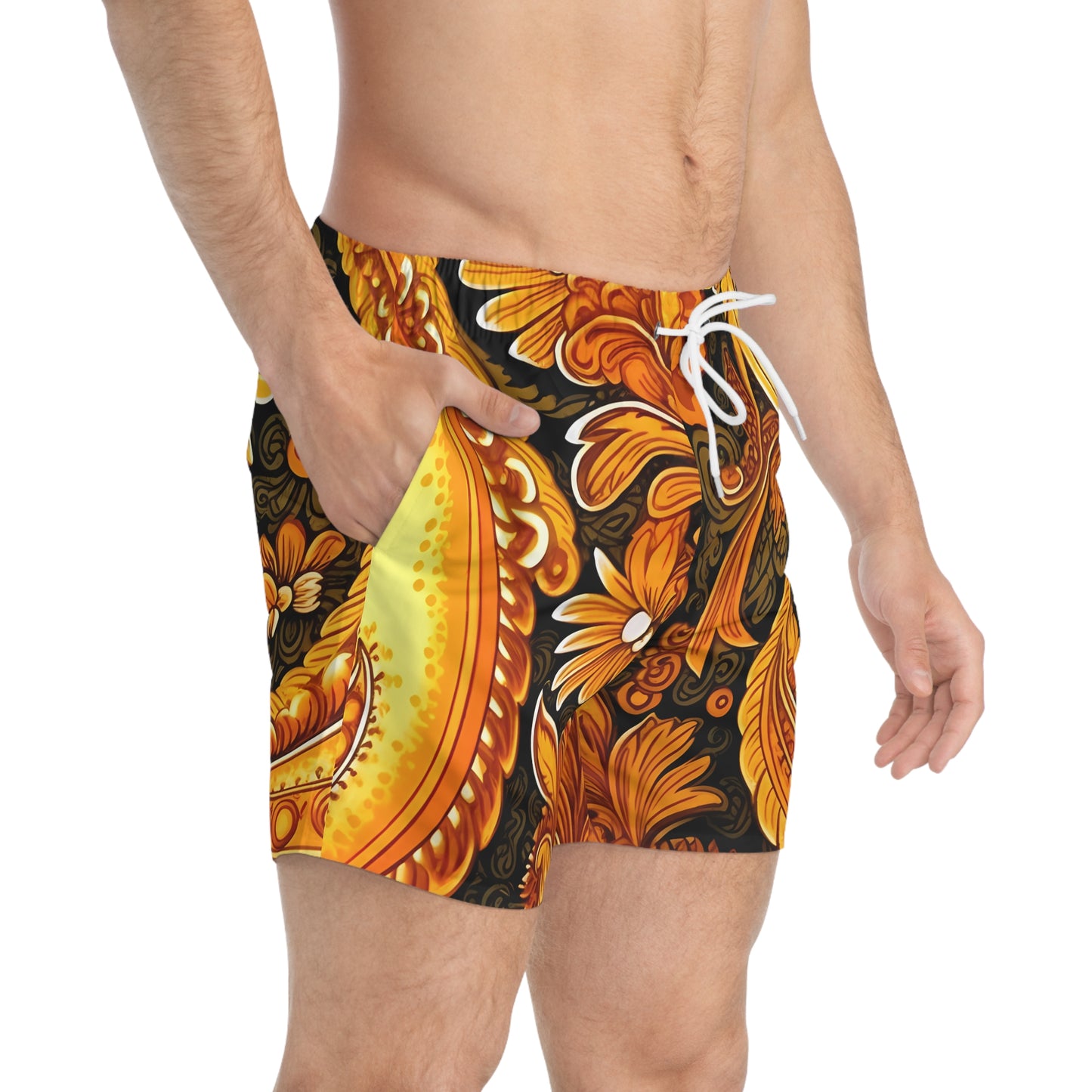 MUSTARD PAISLEY SWIM TRUNKS