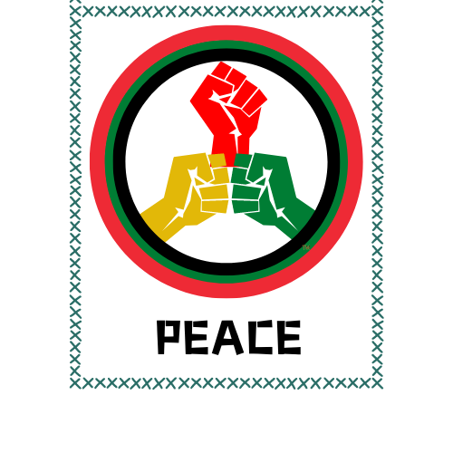 a red, yellow, and green sign with a fist