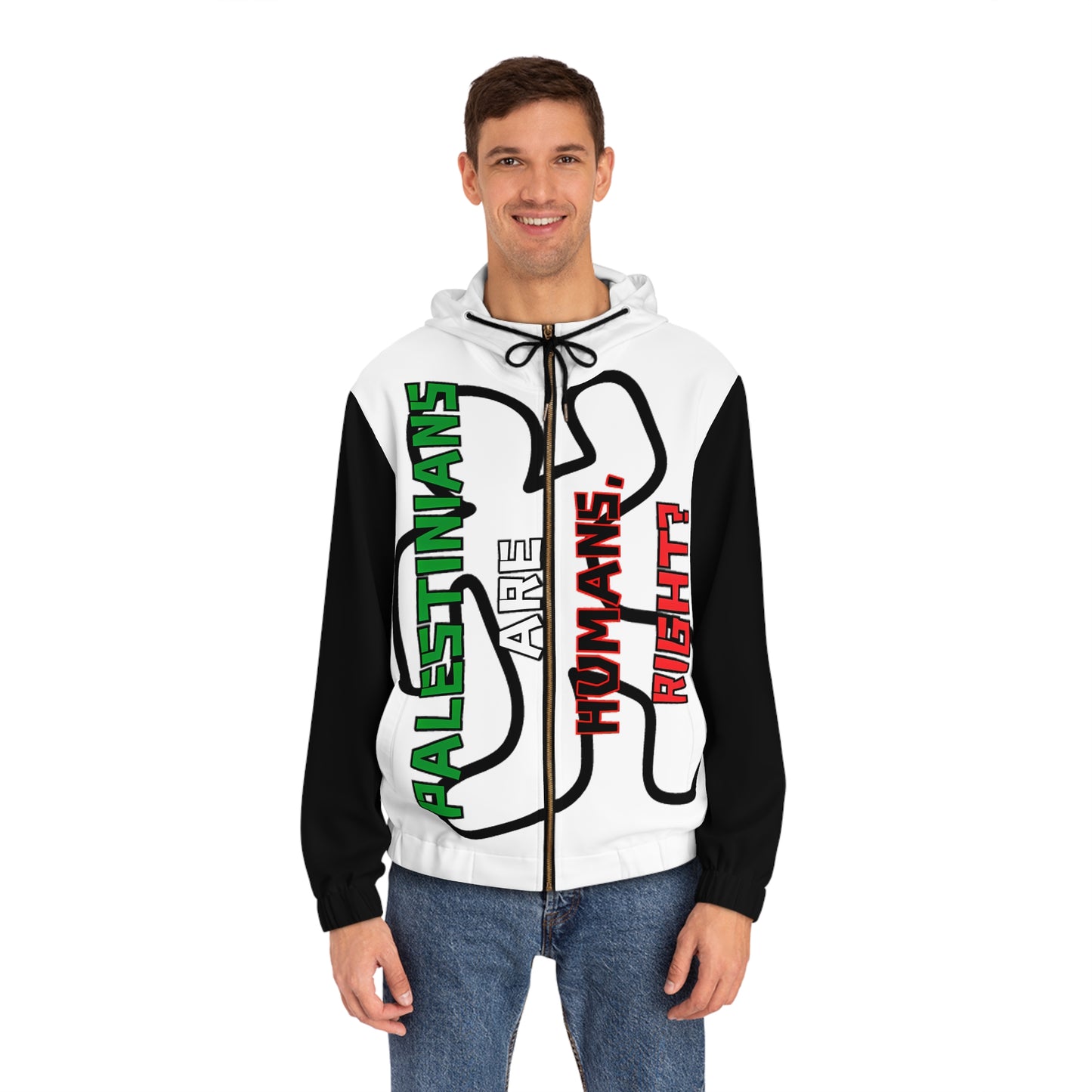 PALESTINE HUMANS RIGHT LIGHTWEIGHT WHITE FULL-ZIP HOODIE MEN'S