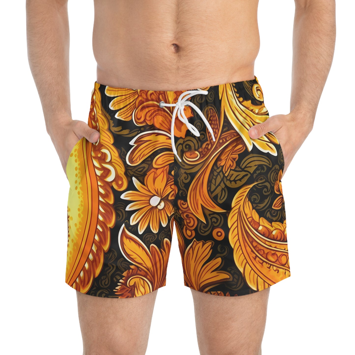 MUSTARD PAISLEY SWIM TRUNKS