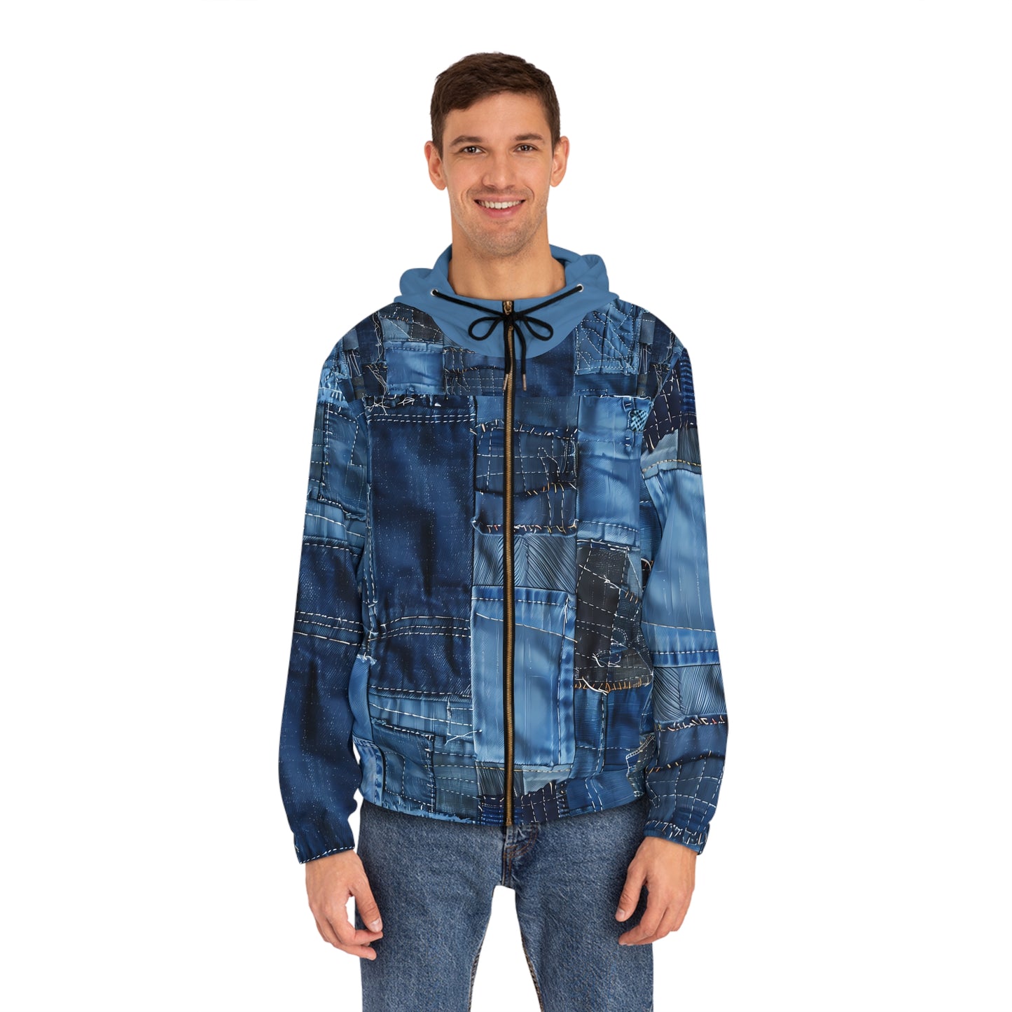 LIGHT WEIGHT BLUE JEAN PRINT ZIP HOODIE MEN'S