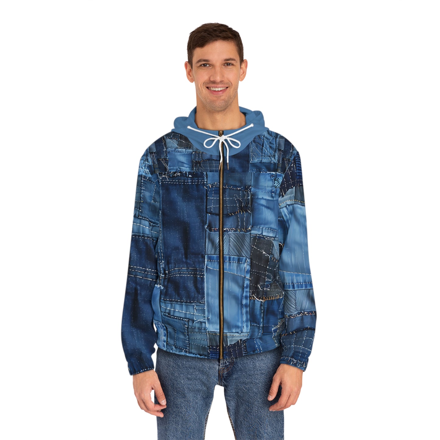 LIGHT WEIGHT BLUE JEAN PRINT ZIP HOODIE MEN'S