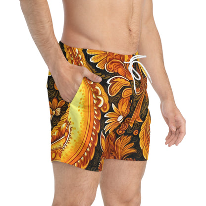 MUSTARD PAISLEY SWIM TRUNKS