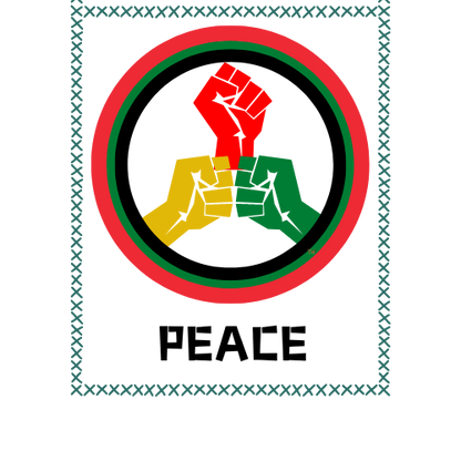 a red, yellow, and green sign with a fist