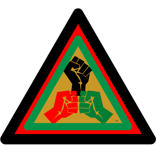 a triangle shaped sign with a fist in it
