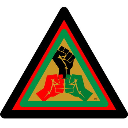 a triangle shaped sign with a fist in it