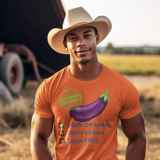 ORANGE shirt with Certified Eggplant Emoji, 100% Organic, Vegan and Free